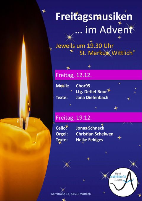 Ein stilvolles Plakat für Adventsmusik in der St. Markus Kirche in Wittlich. Es zeigt eine brennende Kerze und die Termine mit Informationen zu Musik und Texten.