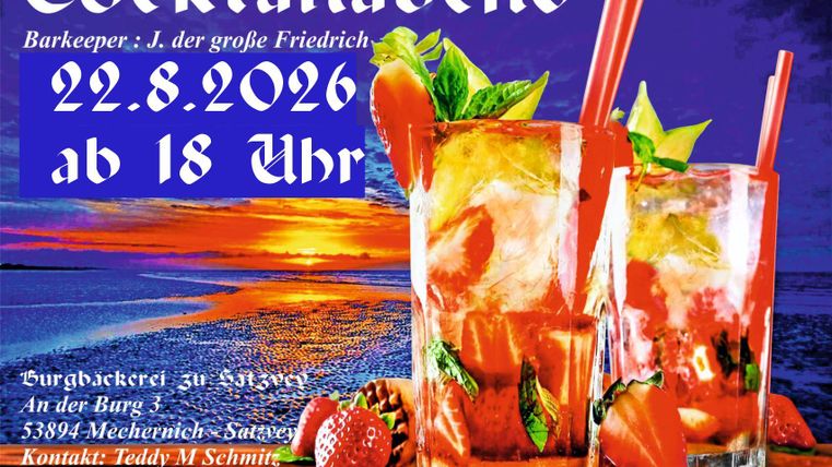 Ein einladendes Plakat für einen Cocktailabend mit zwei farbenfrohen Cocktails und frischen Erdbeeren. Der Abend findet am 24. August 2024 ab 17 Uhr statt.