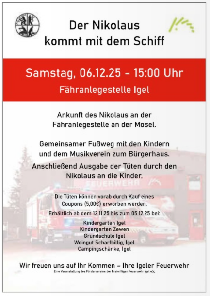 Een evenementaankondiging voor Sinterklaas, die op 06.12.2025 met het schip arriveert. Er worden activiteiten voor kinderen en een zakjesuitdeling georganiseerd.