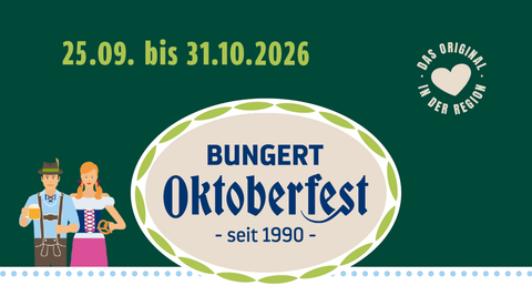 Ein fröhliches Oktoberfest-Design mit einem Mann in Tracht und einer Frau in traditioneller Kleidung. Das Fest findet vom 25. September bis 31. Oktober 2026 statt.