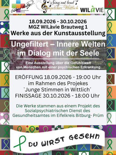 Een poster voor een evenement genaamd „Jonge Stemmen in Wittlich“, dat tegen depressies en voor een gezonde geest is. Het evenement vindt plaats op 18 en 19 september 2026 en biedt muziek, lezingen en informatiestands.