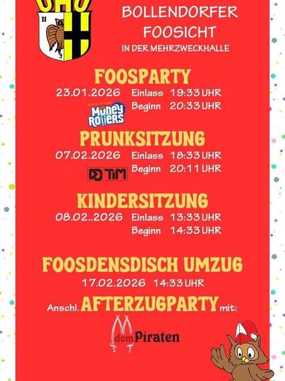 Een kleurrijke flyer voor evenementen in Bollendorf. Hij toont data voor een Foosparty, Prunksitzung en Kinderkappensitzung.