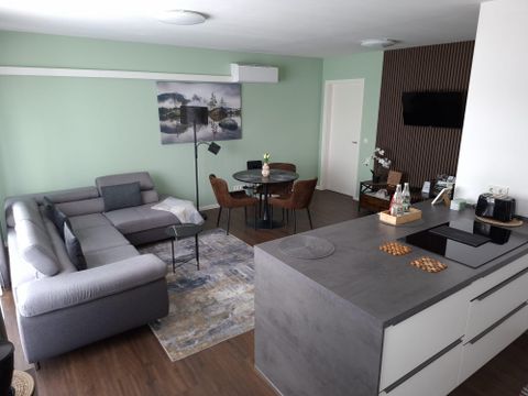 Un appartement moderne avec un canapé gris et un coin repas. Les murs sont peints dans des couleurs douces et il y a une télévision fixée au mur.