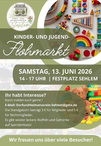 Un marché aux puces coloré pour enfants et adolescents avec différents jouets. La date et l'heure sont le 13 juin 2026, de 2 p.m. à 5 p.m. à Sehl.