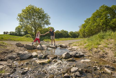 Two people cross a small stream on stones in a green landscape.