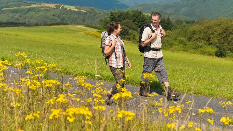 Twee mensen lopen over een pad door een groen landschap met gele bloemen op de voorgrond.
