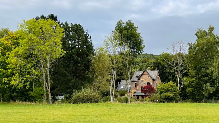 Une belle maison, entourée d'arbres et de prés. Le ciel est nuageux, ce qui crée une atmosphère paisible.