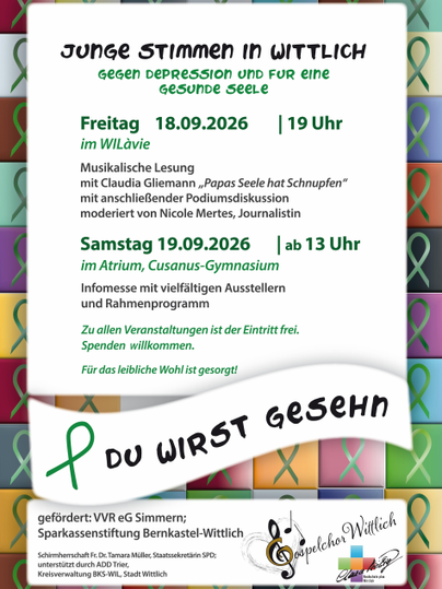 Ein Plakat für eine Veranstaltung namens „Junge Stimmen in Wittlich“, die gegen Depressionen und für eine gesunde Seele ist. Die Veranstaltung findet am 18. und 19. September 2026 statt und bietet Musik, Lesungen und Informationsstände.