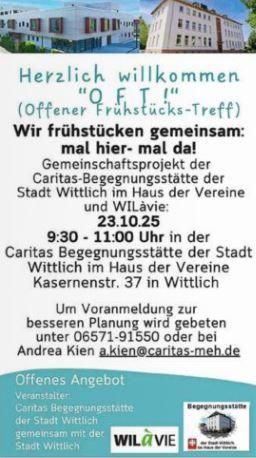 Een flyer voor een gezamenlijk ontbijtaanbod in Wittlich. De gebeurtenis vindt plaats op 23 oktober 2025 in het Caritas Ontmoetingscentrum.