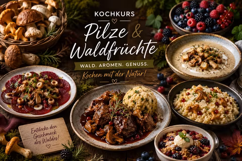 Ein Kochkurs mit dem Schwerpunkt auf Pilzen und Waldfrüchten. Auf dem Tisch sind verschiedene ansprechende Gerichte angerichtet, umgeben von frischen Zutaten aus dem Wald.