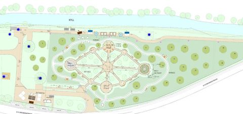 Een grafische weergave van een park met paden en groene ruimtes. In het midden bevindt zich een symmetrisch ontwerp met aangelegde bloembedden.
