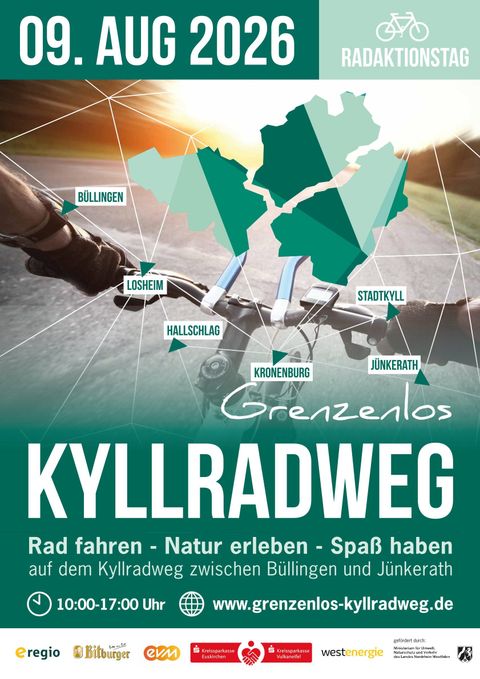 Ein Plakat für den Radaktionstag "Grenzenlos Kyllradweg". Es zeigt eine Karte mit verschiedenen Orten und Informationen zum Event am 09. August 2026.