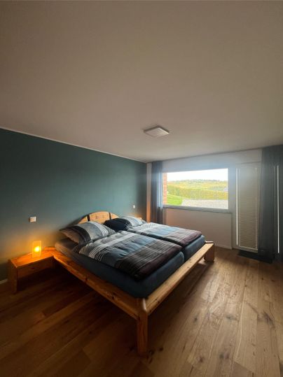 Een moderne slaapkamer met een groot houten bed en comfortabele beddengoed. Door het raam is er uitzicht op het groene landschap.