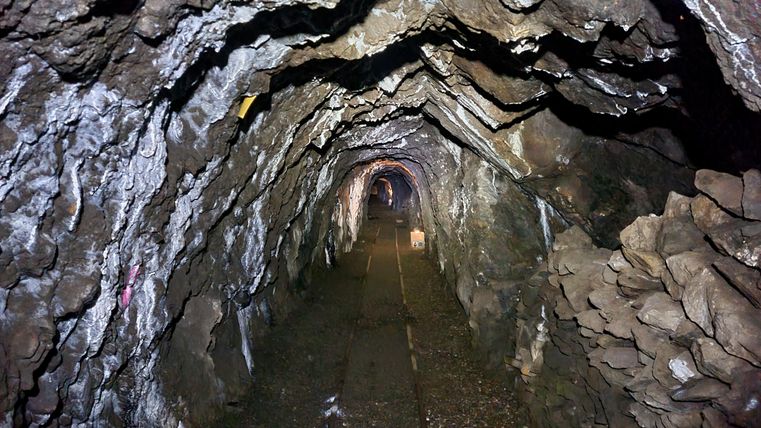 Ein dunkler Tunnel mit unregelmäßigen Felswänden. Gleise verlaufen in der Mitte des Tunnels.