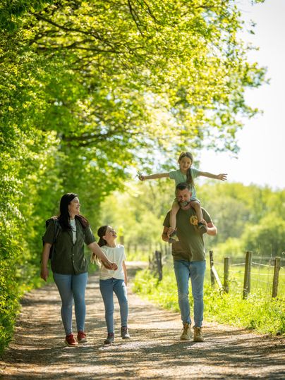 Une famille se promène sur un étroit chemin entouré d'arbres. Le temps est beau et ensoleillé, et les enfants s'amusent.