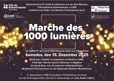 Een poster voor het evenement "Marche des 1000 lumières" in Grevenmacher. Er wordt verwezen naar een feestelijke optocht met lichten en muzikale uitvoeringen op 13 december 2025.