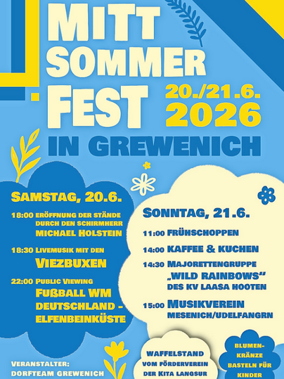 Ein plakatartiges Design für ein Sommerfest in Grewenich am 20. und 21. Juni 2026. Es enthält Informationen zu Veranstaltungen, Aktivitäten und dem Zeitplan für den Festivaltag.