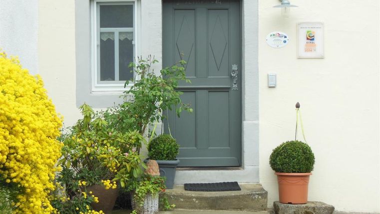 Eine Haustür in einem schönen Eingang mit einer grünen Tür und einem kleinen Fenster. Bunte Pflanzen und ein gelber Blühstrauch umgeben den Eingang.