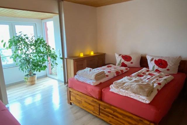 Ein helles Schlafzimmer mit zwei Betten, die mit roten Kissen und Decken dekoriert sind. Im Raum steht eine große Pflanze und es gibt eine angenehme, einladende Atmosphäre.