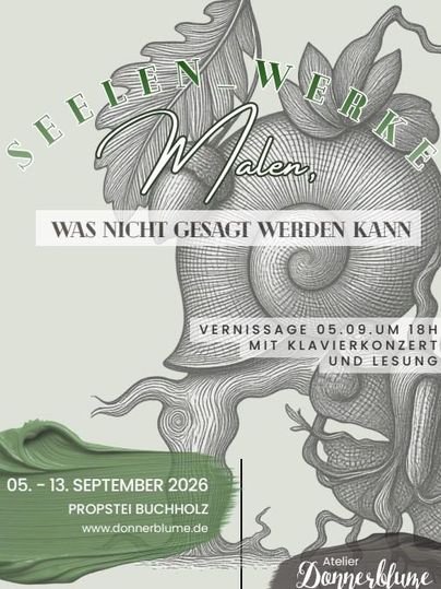 Ein Plakat für die Ausstellung "Seelen-Werke" mit der Einladung zur Vernissage. Es zeigt kunstvolle Grafiken und Details zu Ort und Zeitpunkt des Events.