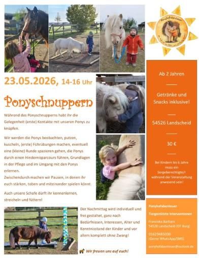 Un flyer pour un événement appelé "Ponyschnuppern". Il montre des enfants interagissant avec des poneys et réalisant différentes activités dans la nature.