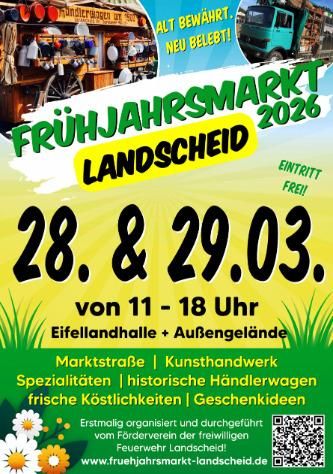 Een uitnodigend poster voor de Lente Markt 2026 in Landscheid. Het evenement vindt plaats op 28 en 29 maart van 11 tot 18 uur en biedt ambacht, specialiteiten en verse lekkernijen.