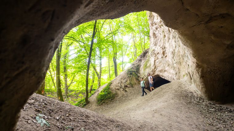 Twee mensen staan bij de ingang van een grot in het bos.