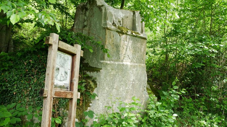 Un vieux monument en pierre dans la forêt, entouré de feuilles vertes, avec un panneau d'information à côté.