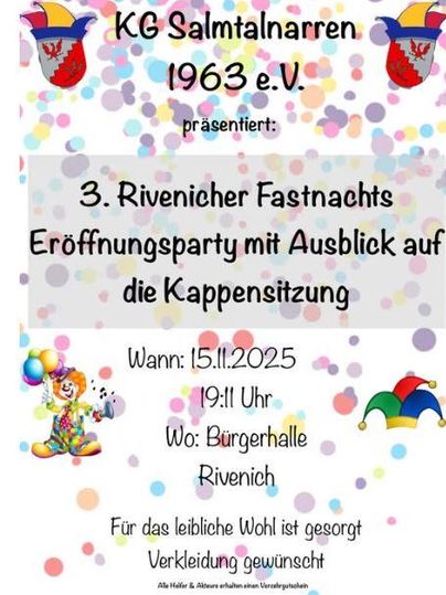 Ein buntes Plakat für die 3. Rivenicher Fastnachts Eröffnungsparty. Die Veranstaltung findet am 15. November 2025 in der Bürgerhalle Rivenich statt.
