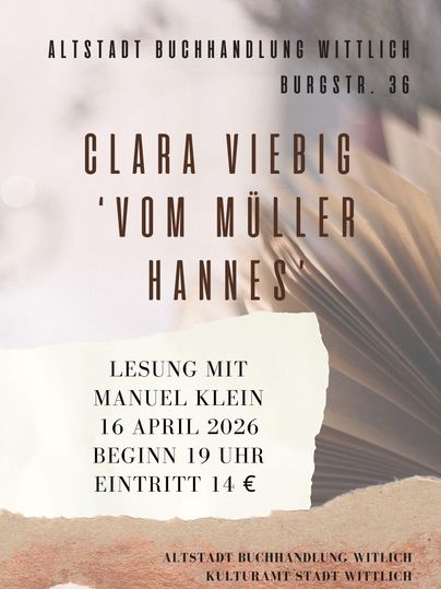Une affiche pour une lecture avec Manuel Klein à la librairie Altstadt Wittlich. L'événement aura lieu le 16 avril 2026 à 19 heures, l'entrée coûte 14 euros.