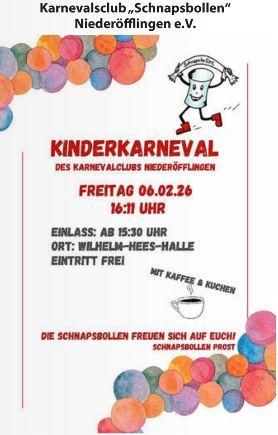 Une affiche pour le carnaval des enfants du club carnaval « Schnapsbollen » de Niederöflingen. L'événement aura lieu le 6 février 2026 à 16h11 dans la salle Wilhelm-Hees.