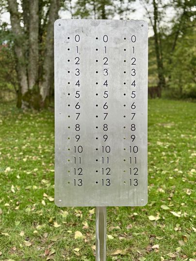 A metal panel with numbered rows. The background shows a green meadow and trees.