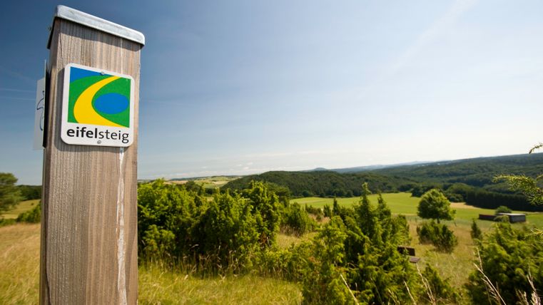 Vue du Kalvarienberg sur l'Eifel avec le panneau indicateur Eifelsteig au premier plan.