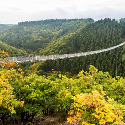 Eine beeindruckende Hängebrücke schwebt über einen bewaldeten Tal. Die bunten Blätter der Bäume zeigen den Herbst in voller Pracht.