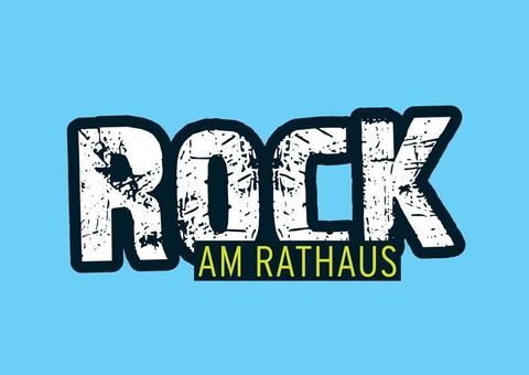 Een kleurrijk logo met de tekst "ROCK AM RATHAUS" op een lichtblauwe achtergrond. Het straalt een levendige en muzikale sfeer uit.