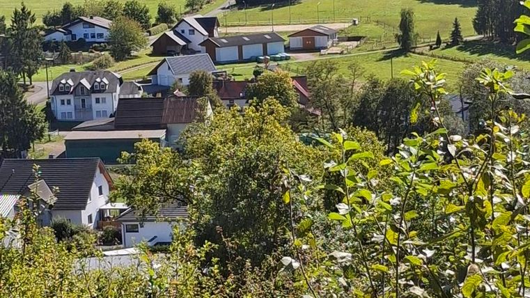 Een idyllisch landschap met een klein dorp en groene weilanden. Op de achtergrond zijn zachte heuvels en bomen te zien.