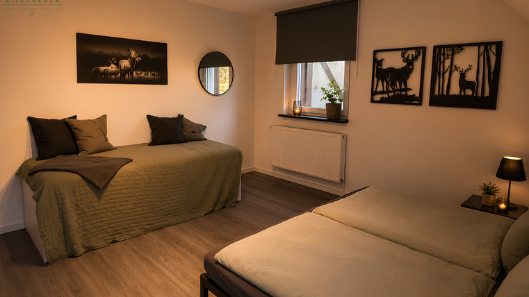 Ein gemütliches Zimmer mit zwei Betten, modernen Dekorationen und sanfter Beleuchtung. An den Wänden hängen Bilder von Tieren, und ein großer Spiegel ist ebenfalls sichtbar.