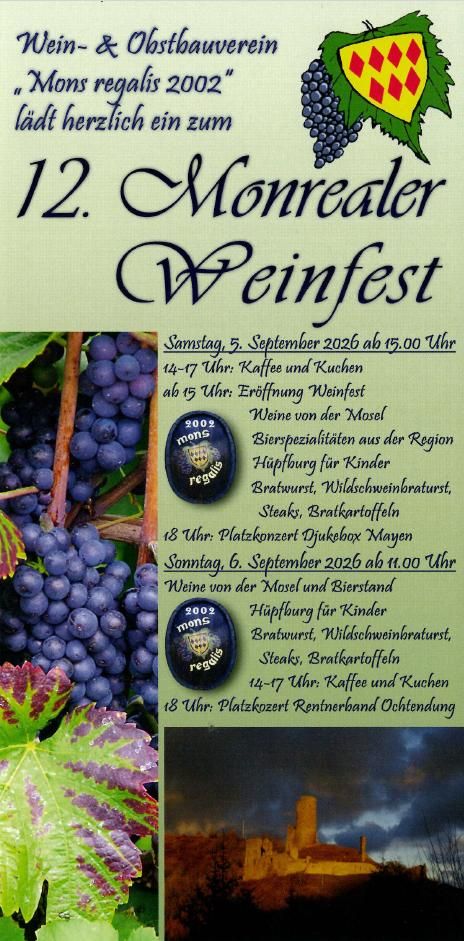 A poster for the 11th Monreal Wine Festival with grapes and vine leaves in the background. The festival takes place on September 17th and offers various activities and delicious wine.