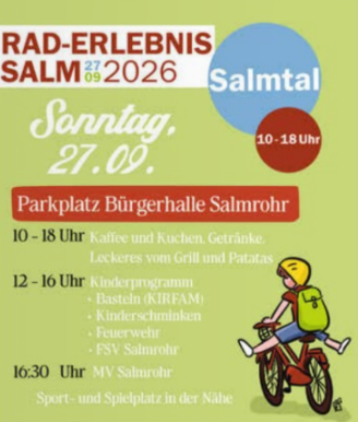 Een poster voor de fietservaring in Salm op 27 september 2026. Het toont informatie over evenementen, eetaanbiedingen en activiteiten voor kinderen.