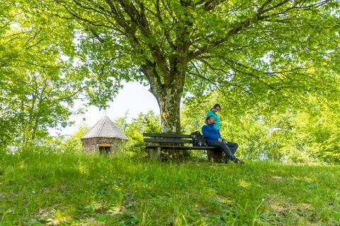 Two people sit smiling on a bench in the green under a tree. In the background is a small stone hut.