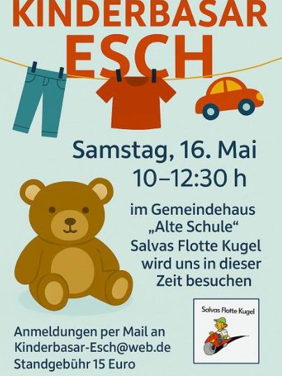 Een kleurrijke flyer voor een kinderbazaar. Op 16 mei vindt het evenement plaats in het gemeentehuis "Oude School".