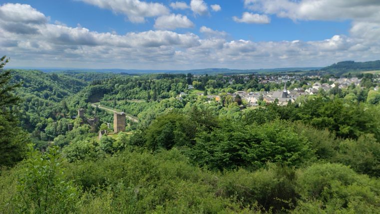 De boven- en benedenburcht zijn ingebed in een groene landschap met zachte heuvels. De stad Manderscheid bevindt zich op de achtergrond op het plateau. De lucht is deels bewolkt en er is veel vegetatie.