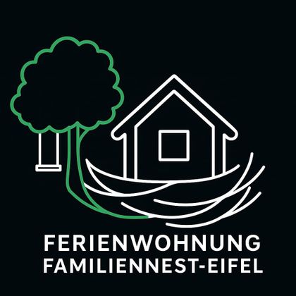 Een eenvoudig logo met een gestileerde boom en een huis. Daaronder staat "Ferienwohnung Familiennest-Eifel".