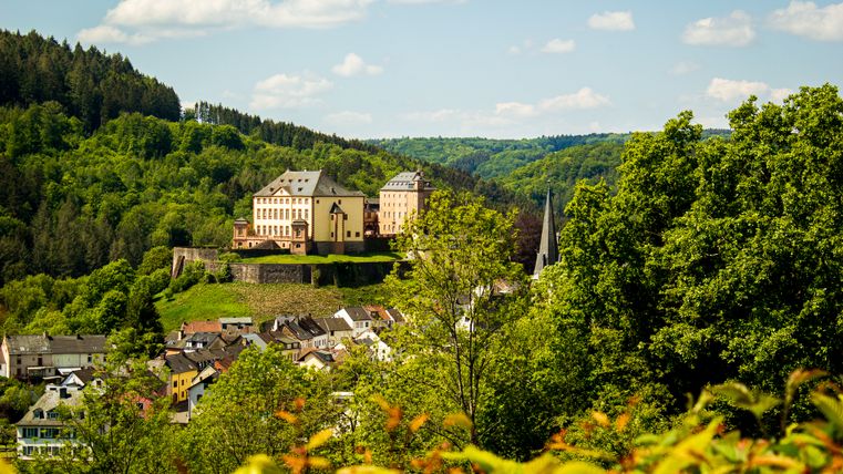 Vue du château de Malberg au milieu d'un paysage verdoyant et du village au premier plan.