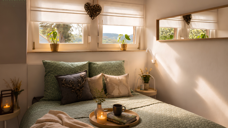 Ein gemütliches Schlafzimmer mit einem großen Bett und stilvollen Kissen. Durch die Fenster strömt warmes Licht, und dekorative Pflanzen sorgen für eine einladende Atmosphäre.