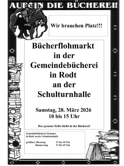 Une affiche pour un marché aux livres à la bibliothèque municipale de Rodt. Le marché aura lieu le 28 mars 2026 de 10h à 15h.