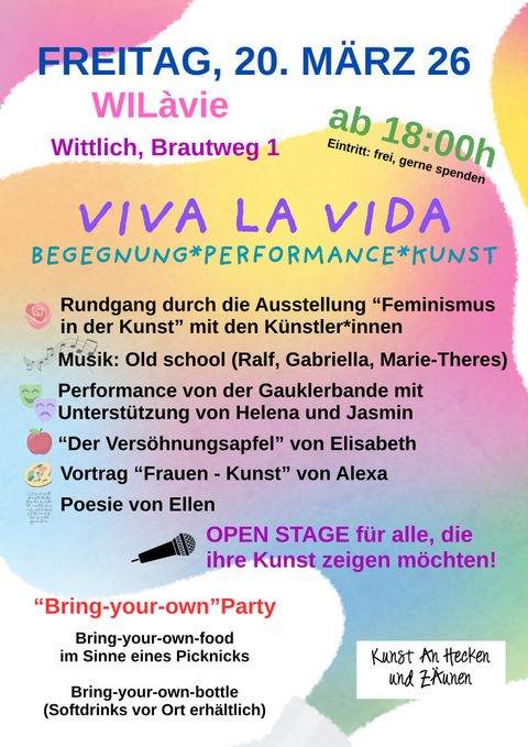 Une affiche d'événement colorée pour "Viva la Vida" avec des informations sur une exposition d'art et des performances. Elle invite les visiteurs à un événement communautaire le 20 mars.