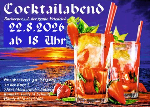 Ein einladendes Plakat für einen Cocktailabend mit zwei farbenfrohen Cocktails und frischen Erdbeeren. Der Abend findet am 24. August 2024 ab 17 Uhr statt.