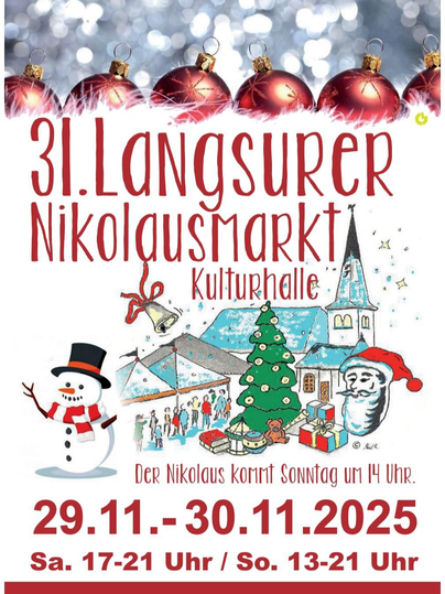 Ein festlicher Flyer für den 31. Langsur Nikolausmarkt an der Kulturhalle. Der Veranstaltungstermin ist vom 29. bis 30. November 2025.