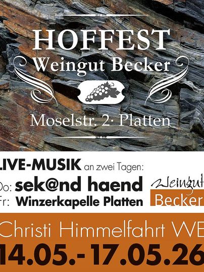 Ein Werbeplakat für das Hoffest des Weinguts Becker. Es zeigt Informationen zu Live-Musik und Veranstaltungsdaten.
